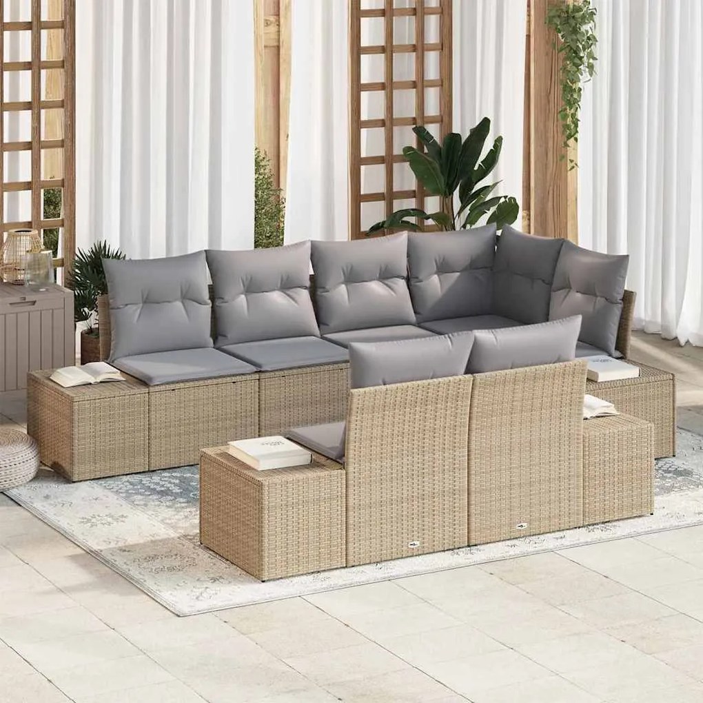 vidaXL Σετ Καναπέ Κήπου με μαξιλάρι 7 pcs Μπεζ, γκρι Πολυ ράταν