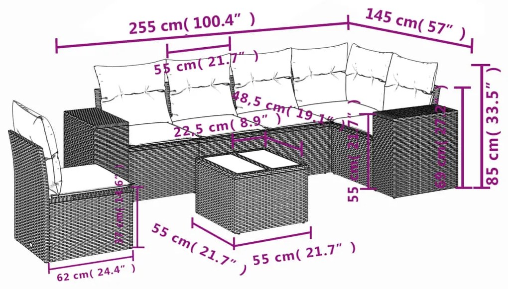 vidaXL Καναπές Σετ 7 Τεμαχίων Μαύρο Συνθετικό Ρατάν με Μαξιλάρια