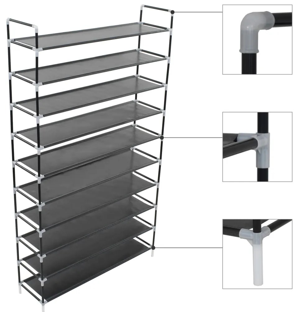 vidaXL Παπουτσοθήκη με 10 Ράφια Μαύρη από Μέταλλο και Ύφασμα Non Woven