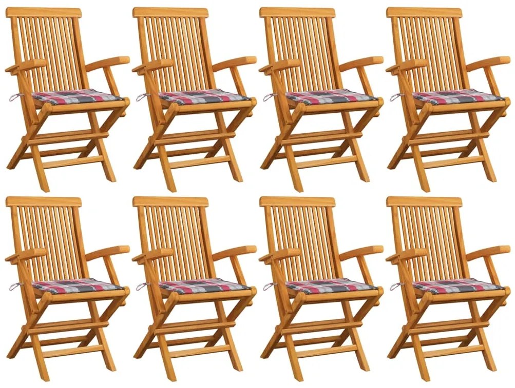 vidaXL Καρέκλες Κήπου 8 τεμ Μασίφ Ξύλο Teak με Κόκκινα Καρό Μαξιλάρια