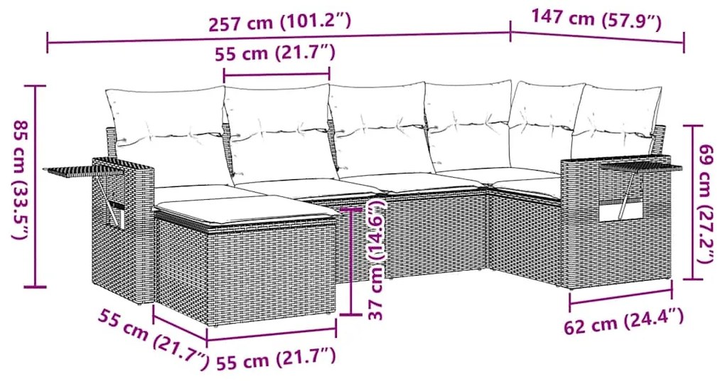 vidaXL Καναπές Σετ 7 Τεμαχίων Μαύρο Συνθετικό Ρατάν με Μαξιλάρια