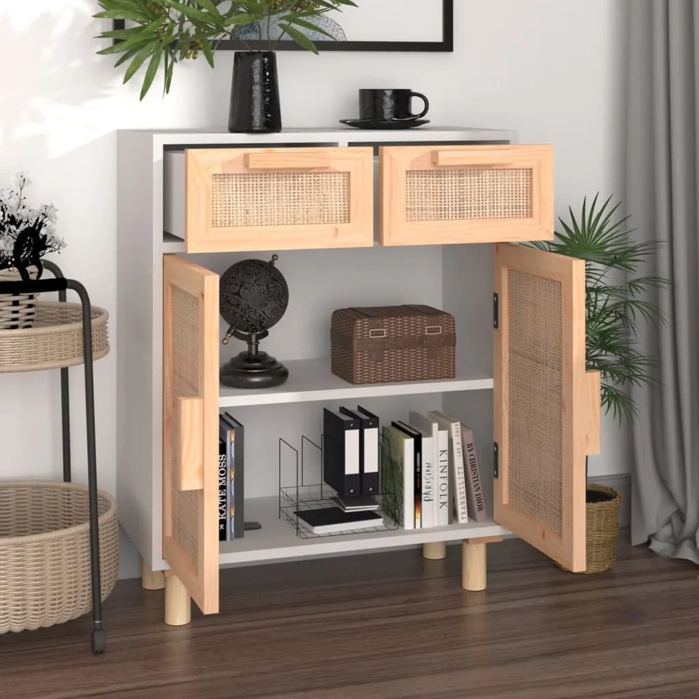 vidaXL Ντουλάπι Λευκό 60 x 30 x 75 εκ. Μασίφ Πεύκο &amp; Φυσικό Ρατάν