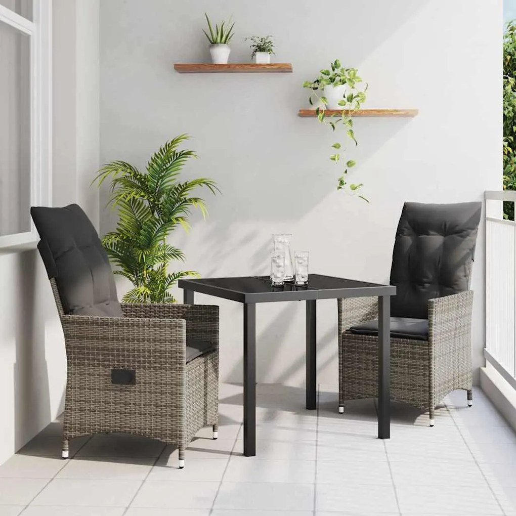 vidaXL Σέτ φαγητού για κήπο με μαξιλάρι 3 pcs Γκρι Πολυ ράταν