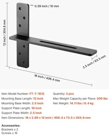 VEVOR 2 Pcs Shelf Brackets 16 inch / 406.4 mm Heavy Duty Floating Shelf Brackets