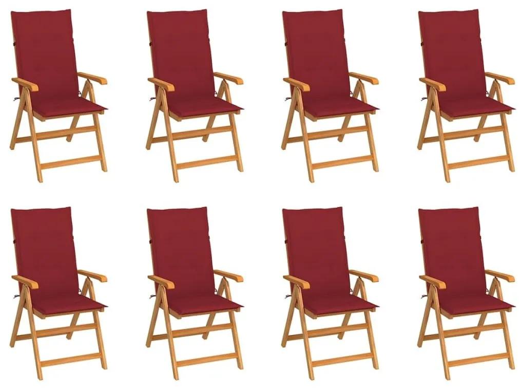 Καρέκλες Κήπου Ανακλινόμενες 8 τεμ. Μασίφ Ξύλο Teak &amp; Μαξιλάρια - Κόκκινο