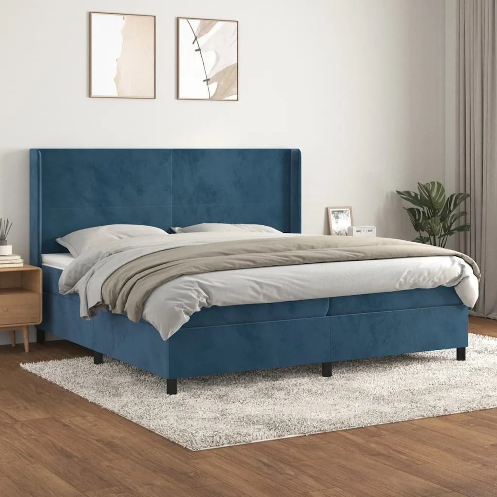 Κρεβάτι Boxspring με Στρώμα Σκούρο Μπλε 200x200 εκ. Βελούδινο