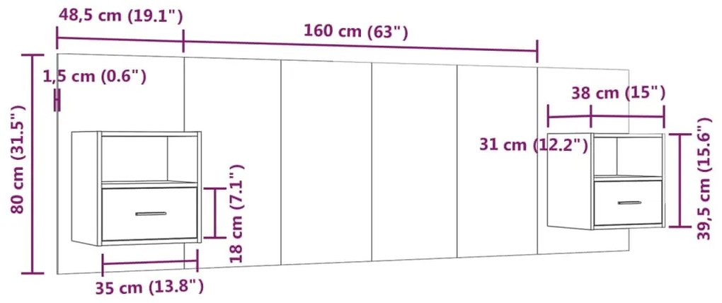 vidaXL Κεφαλάρι Κρεβατιού με Κομοδίνα Γκρι Sonoma Επεξεργασμένο Ξύλο