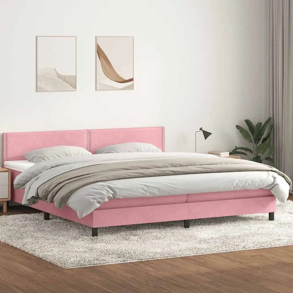 Κρεβάτι Boxspring με Στρώμα Ροζ 180x210 εκ. Βελούδινο - Ροζ