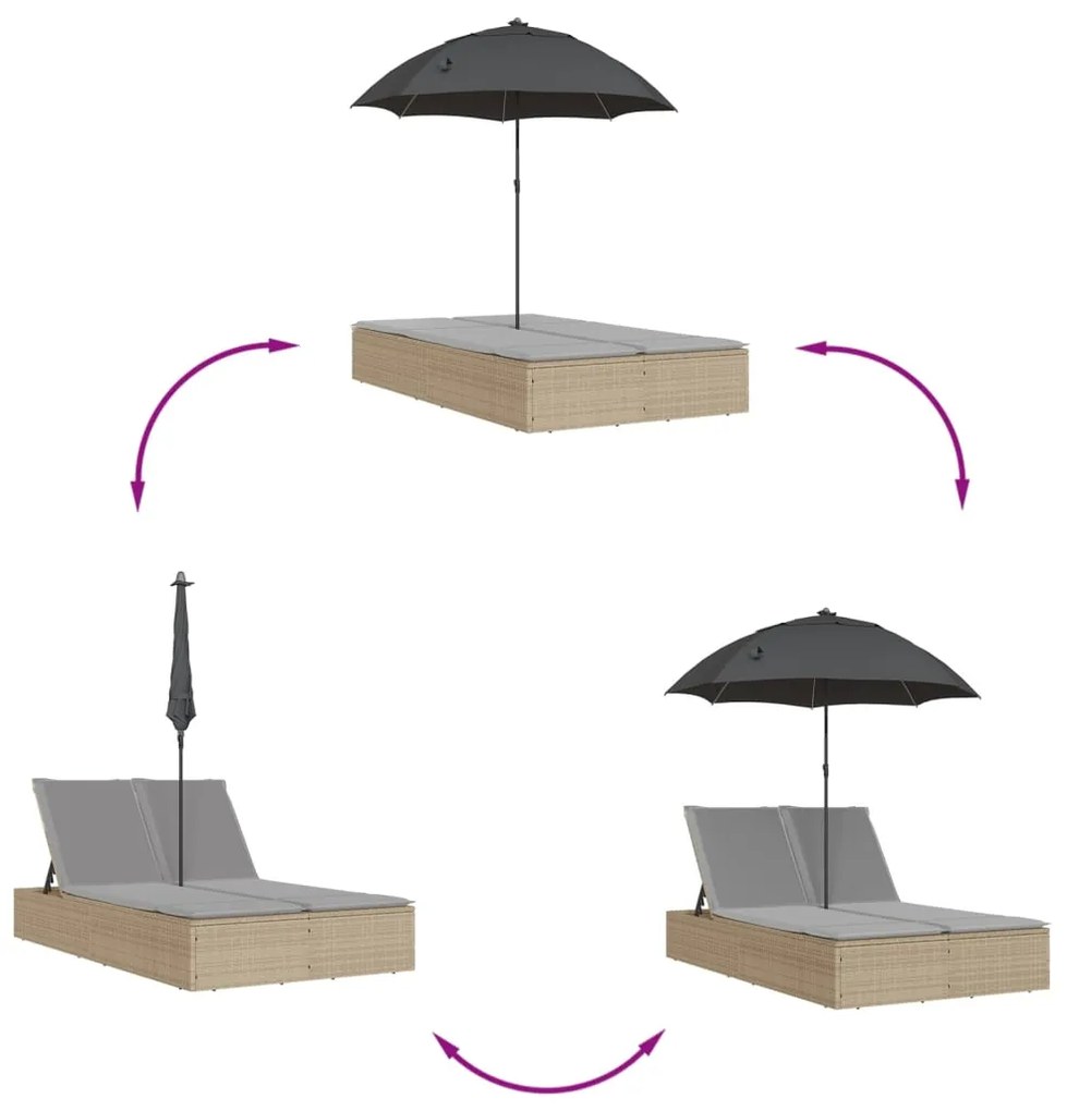 vidaXL Ξαπλώστρα Διπλή Μπεζ από Συνθετικό Ρατάν με Μαξιλάρια/Ομπρέλα