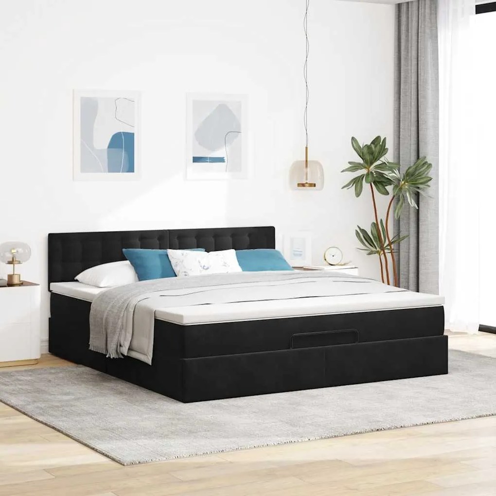 vidaXL Οθωμανικό κρεβάτι με στρώμα & LEDs Μαύρο 160x200cm Velvet