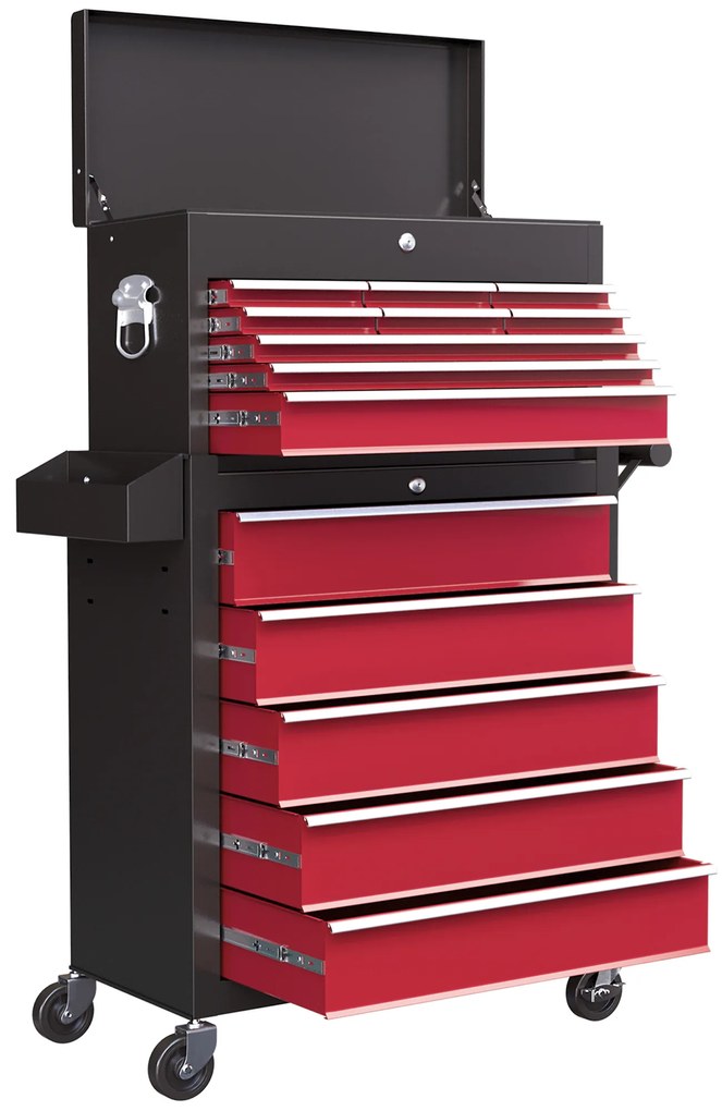 Καρότσι εργαλείων HOMCOM, δύο τεμαχίων, κλειδώνει, 14 συρτάρια, πάνελ με τρύπες, ατσάλι, κόκκινο