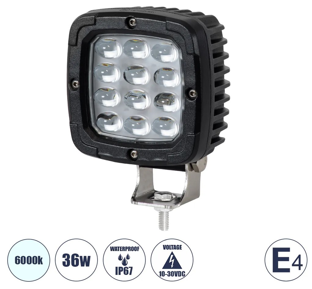 GloboStar® 85428 E4 Mark Vehicle &amp; Forklift Work Lights - Φώτα Εργασίας για Οχήματα Περονοφόρα - Κλάρκ LED 36W DC 10-30V Αδιάβροχο IP67 Ψυχρό Λευκό 6000K Μ12.5 x Π9.5 x Υ6.5cm