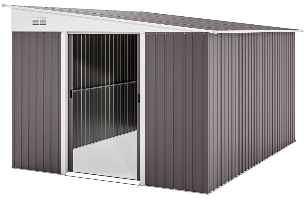 Outsunny Μεταλλικό Υπόστεγο Αποθήκευσης Κήπου, Επικλινής Στέγη, Διπλή Πόρτα που Κλειδώνει, 2,8 x 3,45 x 2,01m, Γκρι