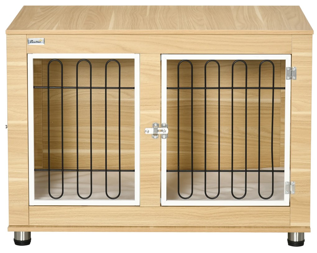 PawHut Κλουβί Σκύλου, Πλενόμενο Μαξιλάρι, Κλουβί Σκύλου, 2 Κλειδαριές, 90 cm x 58 cm x 65 cm, Φυσικό + Μαύρο + Λευκό