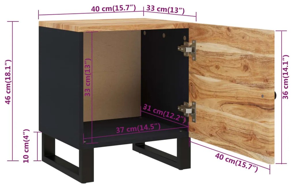 Κομοδίνα 2 τεμ. 40 x 33 x 46 εκ. από Μασίφ Ξύλο Ακακίας - Μαύρο