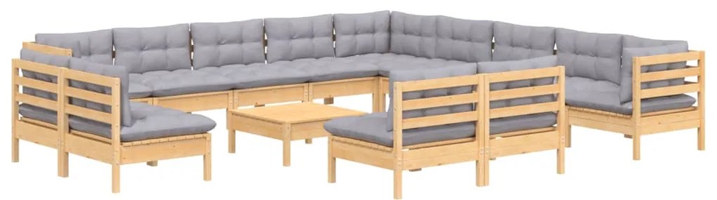 vidaXL Σαλόνι Κήπου Σετ 14 Τεμ. Μασίφ Ξύλο Πεύκου με Γκρι Μαξιλάρια