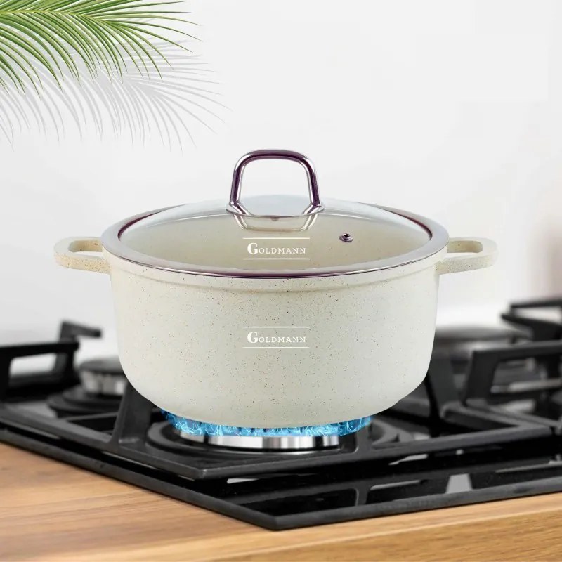Κατσαρόλα Goldmann GM-0324B, 4,5 l, 24 cm, Αντικολλητική μαρμάρινη επίστρωση, Καπάκι με άνοιγμα, Επαγωγή, Μπεζ