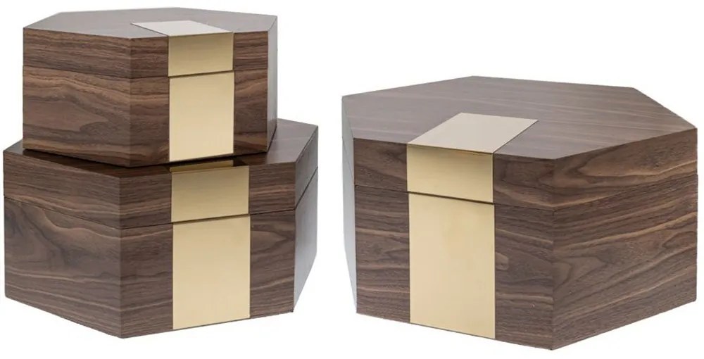 Κουτί Εξάγωνο (Σετ 3Τμχ) 85334 42x36x19/30x26x13cm Brown-Gold Ξύλο