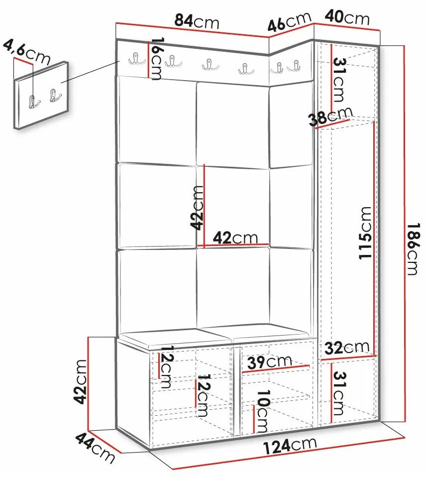 Σετ διαδρόμου Hartford 377, 186x124x46cm, Μαύρο, Τυρκουάζ, Ινοσανίδες μέσης πυκνότητας, Πλαστικοποιημένη μοριοσανίδα, Ταπισερί, Εντοιχισμένη, Τοίχου