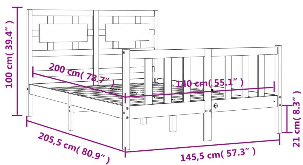 Πλαίσιο Κρεβατιού με Κεφαλάρι Μαύρο 140x200 εκ. Μασίφ Ξύλο - Μαύρο