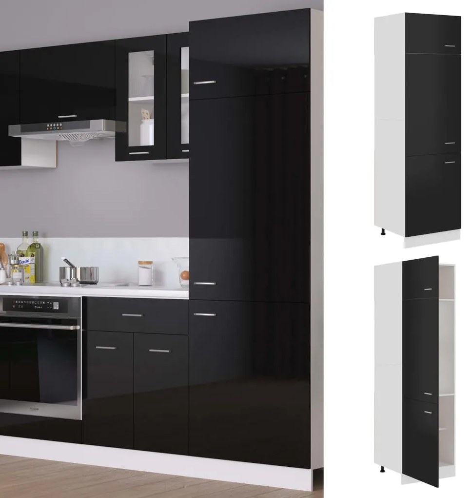 vidaXL Ντουλάπι Ψυγείου Γυαλιστερό Μαύρο 60x57x207 εκ. Μοριοσανίδα