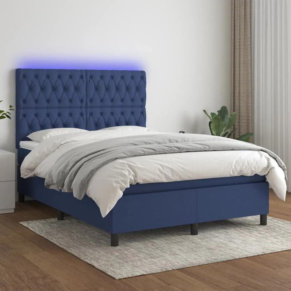 Κρεβάτι Boxspring με Στρώμα &amp; LED Μπλε 140x190 εκ. Υφασμάτινο - Μπλε