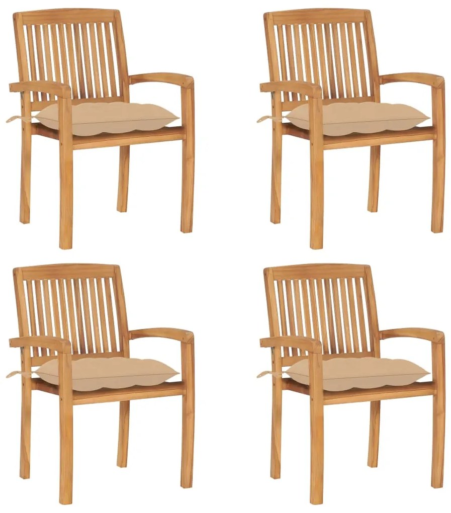 vidaXL Καρέκλες Κήπου Στοιβαζόμενες 4 τεμ. Μασίφ Ξύλο Teak &amp; Μαξιλάρια