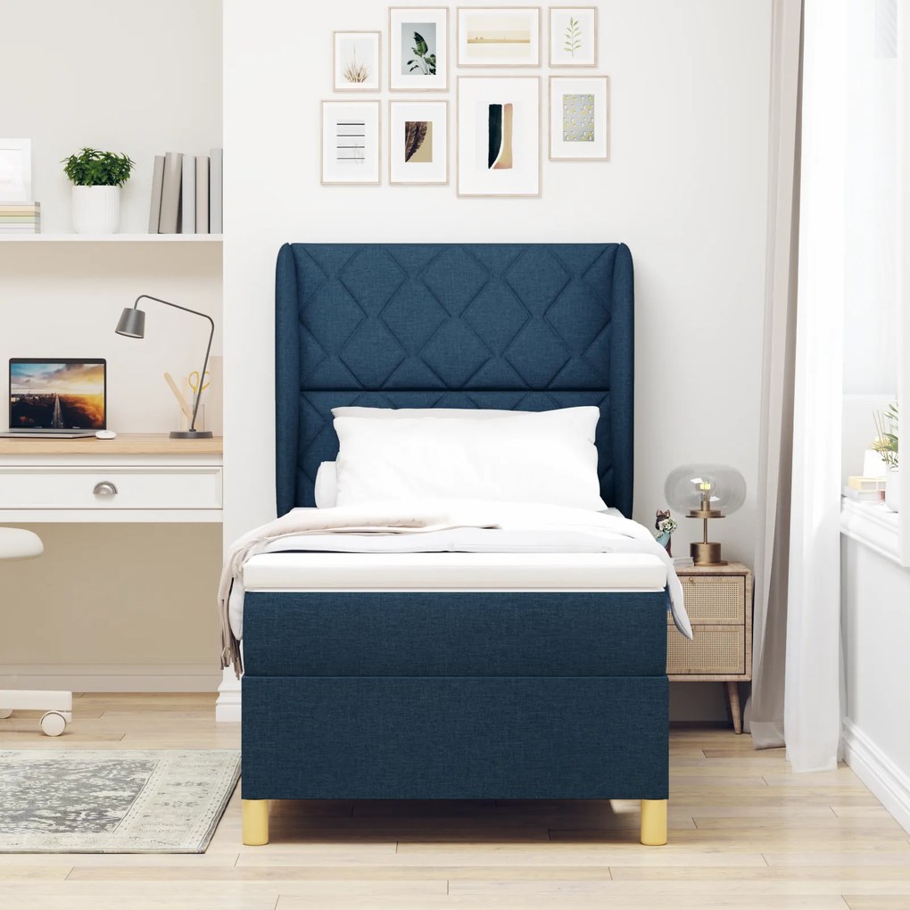 vidaXL Κρεβάτι Box Spring με Στρώμα - Μπλε - 90x190 εκ - Υφάσμα