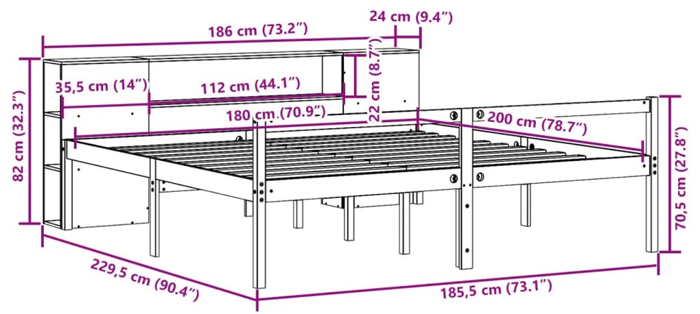 Κρεβάτι Βιβλιοθήκη Χωρίς Στρώμα 180x200 εκ Μασίφ Ξύλο Πεύκου - Λευκό