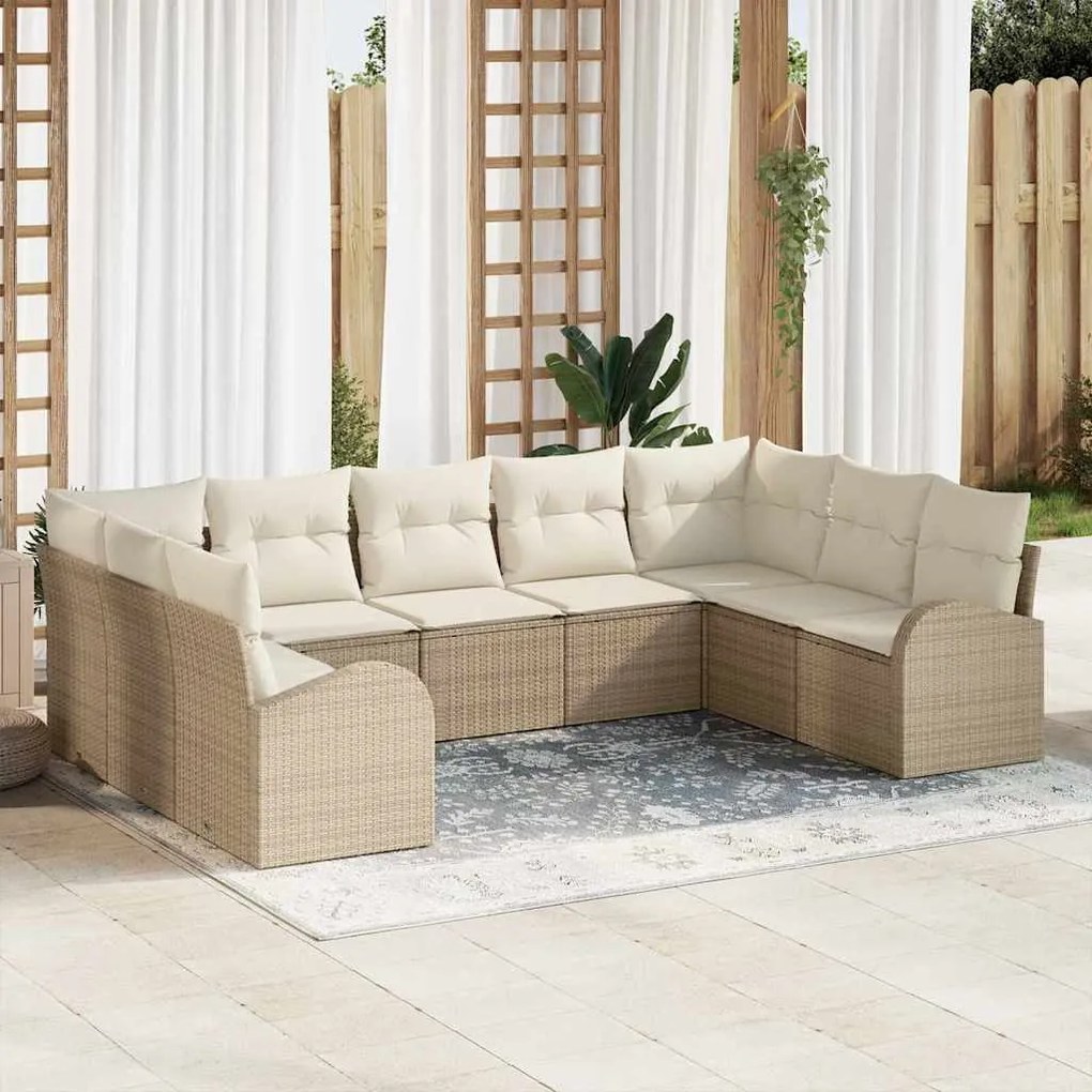 vidaXL Σετ Κήπου 9 Τεμαχίων με Μαξιλάρια, Μπεζ, Poly Rattan