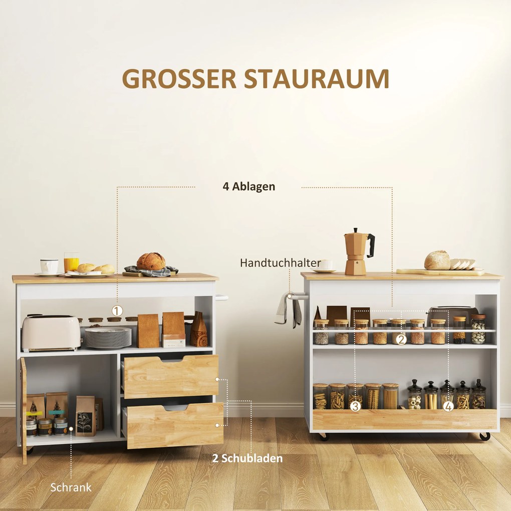 HOMCOM Τροχήλατο κουζίνας, Κυλιόμενο νησί κουζίνας, Τρόλεϊ κουζίνας με συρτάρια, ντουλάπι και επιφάνεια εργασίας, Λευκό