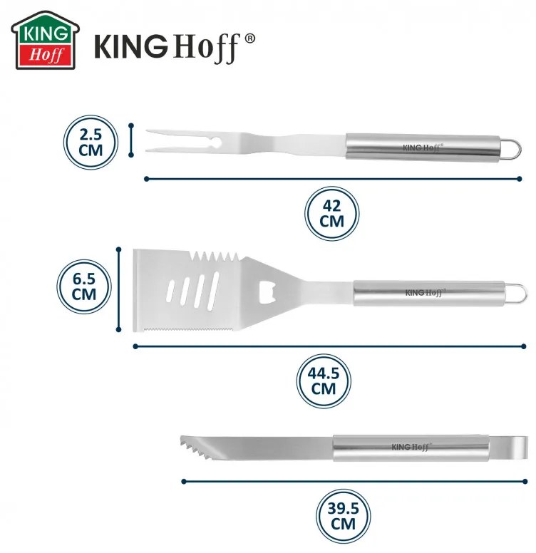 Σετ από 3 σκεύη BBQ Kinghoff KH 1919, Ανοξείδωτο ατσάλι, Εργονομικές λαβές, Inox