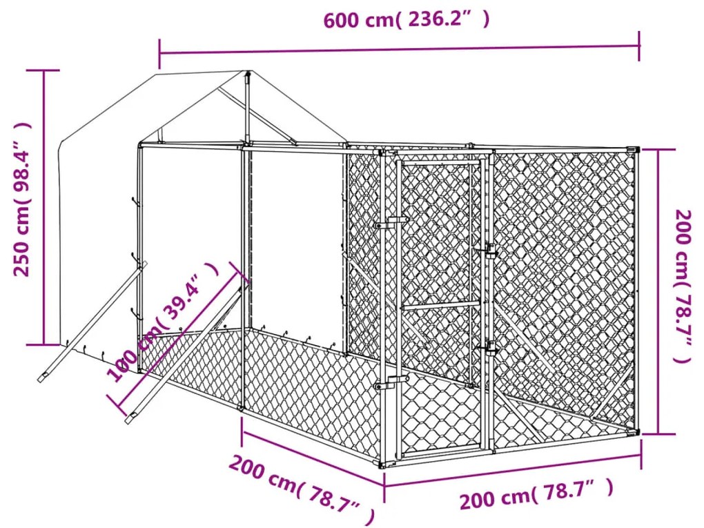 vidaXL Κλουβί Σκύλου Εξ. Χώρου με Οροφή Ασημί 2x6x2,5 μ. Γαλβ. Ατσάλι