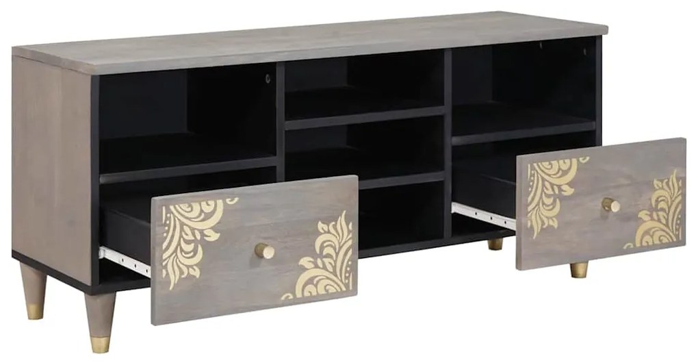 vidaXL Ντουλάπι TV Γκρι και Χρυσό 100 x 33.5 x 46 εκ Μασίφ ξύλο μάνγκο