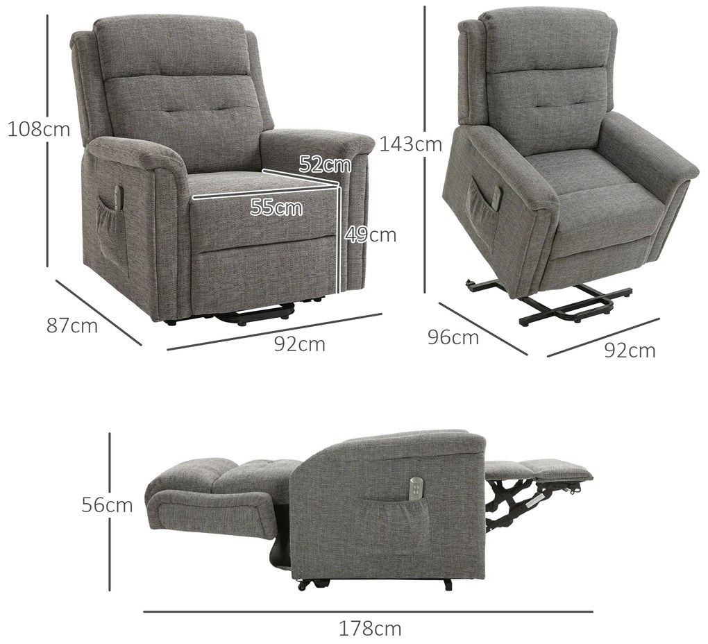 HOMCOM Πολυθρόνα Relax με υποβοήθηση ανύψωσης, τηλεχειριστήριο, υποπόδιο, ατσάλι, γκρι