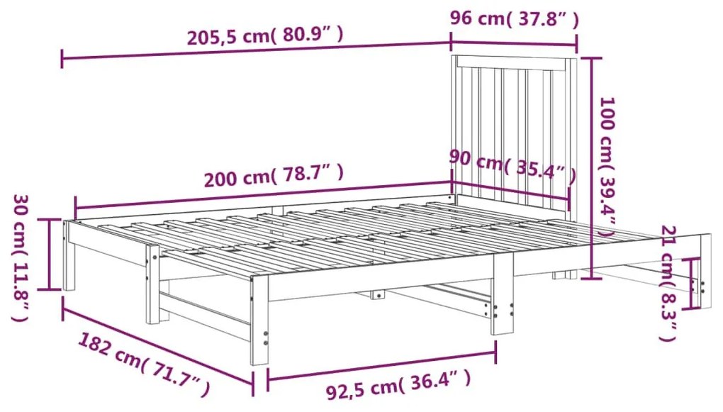 Καναπές Κρεβάτι Συρόμενος Μαύρος 2x(90x200) εκ. από Μασίφ Πεύκο - Μαύρο