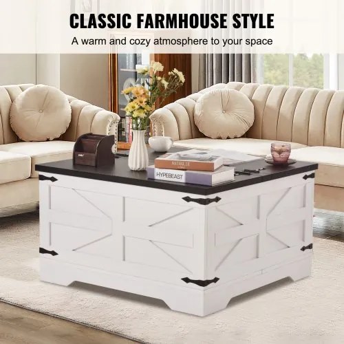 VEVOR 31.5" Farmhouse Coffee Table Hinged Square Table with Storage Gray &amp; White