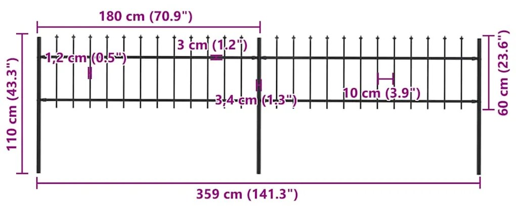 vidaXL Κάγκελα Περίφραξης με Λόγχες Μαύρα 3,4 x 0,6 μ. από Χάλυβα