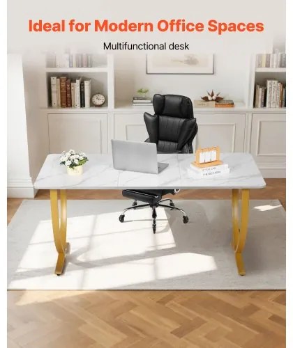 VEVOR Executive Desk, 160 cm W x 80 cm D Large Office Desk, Modern Computer Table Conference Meeting Room Table, Business Furniture Enlarged Desktop for Home Office, White and Gold