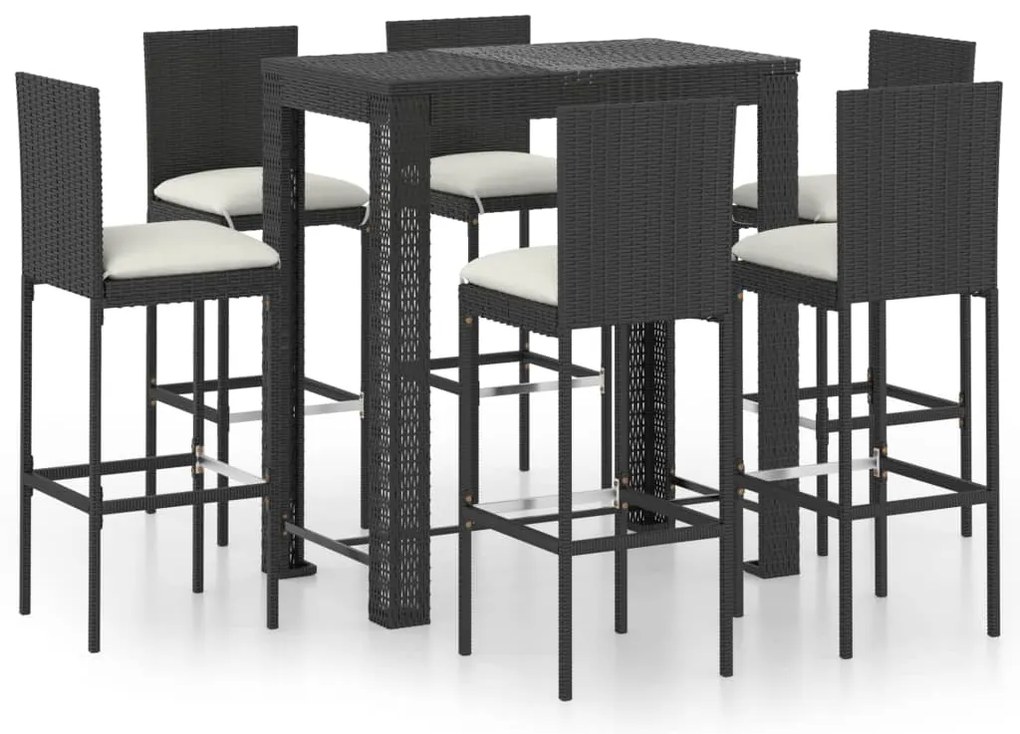 vidaXL Σετ Επίπλων Μπαρ Εξ. Χώρου 7 τεμ Μαύρο Συνθ. Ρατάν με Μαξιλάρια