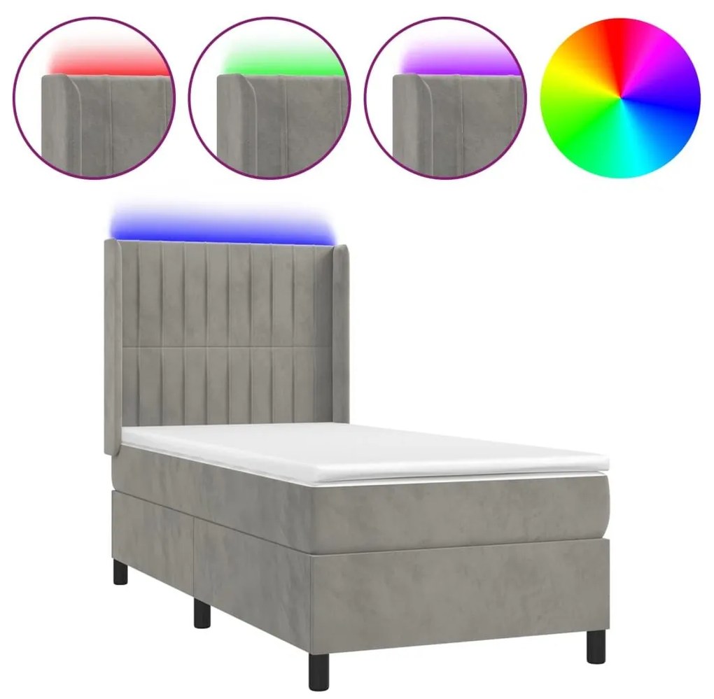 Κρεβάτι Boxspring με Στρώμα &amp; LED Αν.Γκρι 100x200 εκ. Βελούδινο - Γκρι