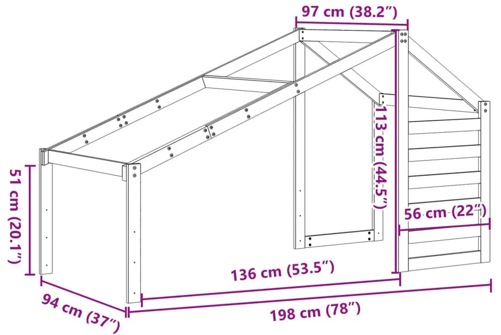 Οροφή Κρεβατιού Παιδική 198x97x113 εκ. από Μασίφ Ξύλο Πεύκου - Καφέ