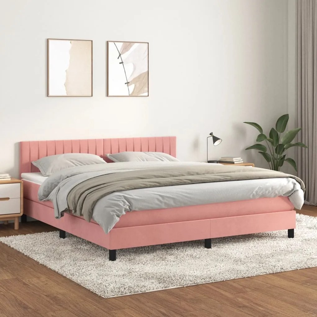 vidaXL Κρεβάτι Boxspring με Στρώμα Ροζ 160x200 εκ. Βελούδινο