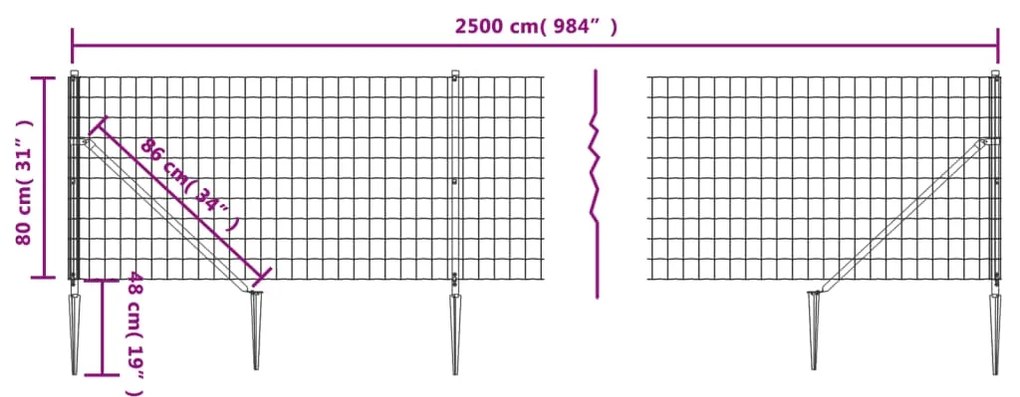 vidaXL Συρματόπλεγμα Περίφραξης Ανθρακί 0,8 x 25 μ. με Καρφωτές Βάσεις