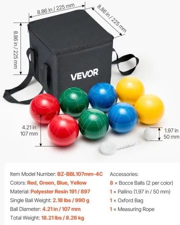 VEVOR Bocce Ball Set Bocce Ball Game Set 107 mm 8 Resin Balls 4 Colors for Beach