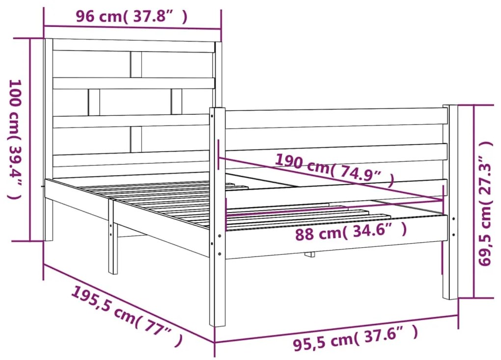 Πλαίσιο Κρεβατιού Λευκό 90 x 190 εκ. Μασίφ Ξύλο Single - Λευκό