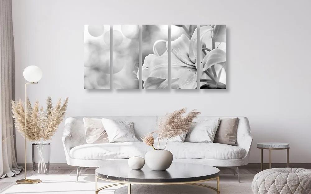 Εικόνα λουλουδιών κρίνων 5 τμημάτων σε αφηρημένο φόντο σε ασπρόμαυρο σχέδιο - 100x50