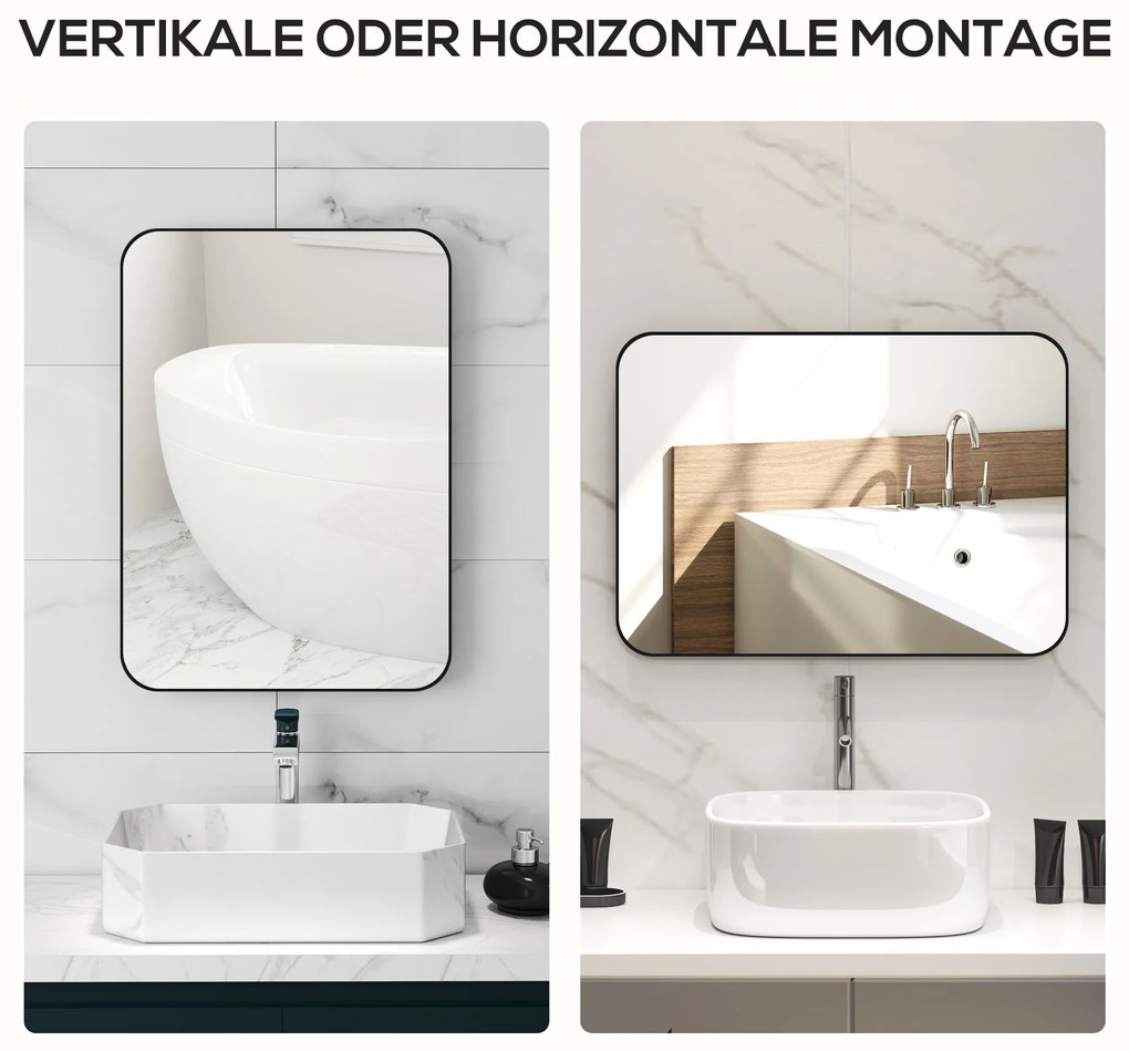 HOMCOM Καθρέφτης μπάνιου, επιτοίχιος καθρέφτης, προστασία από θραύσματα, μεταλλικό πλαίσιο, μπάνιο, 50 x 70 cm, Μαύρο