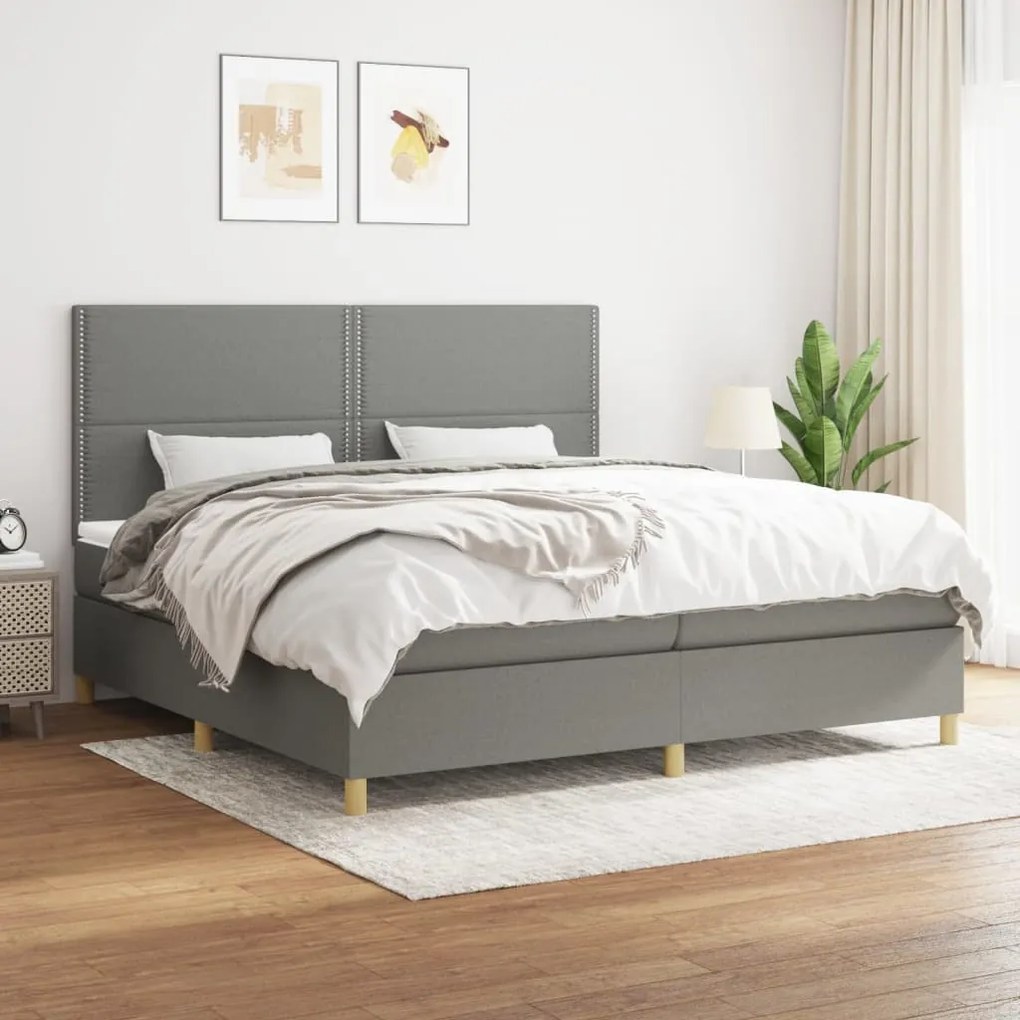 Κρεβάτι Boxspring με Στρώμα Σκούρο Γκρι 200x200 εκ. Υφασμάτινο