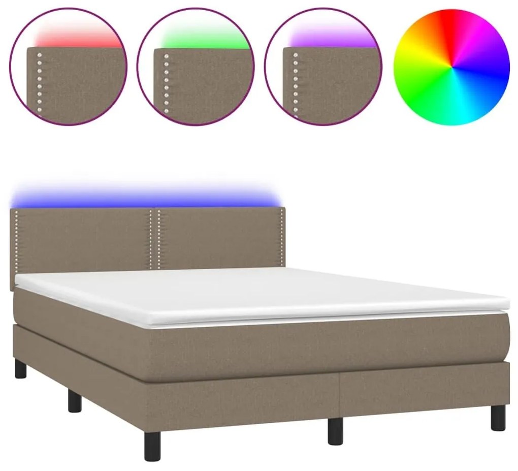 Κρεβάτι Boxspring με Στρώμα &amp; LED Taupe 140x190 εκ. Υφασμάτινο - Μπεζ-Γκρι